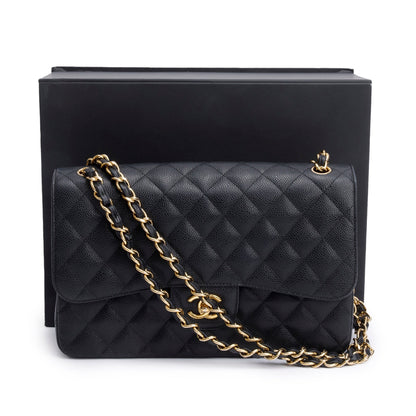Chanel Black Quilted Caviar Leather Classic Jumbo Double Flap Bag