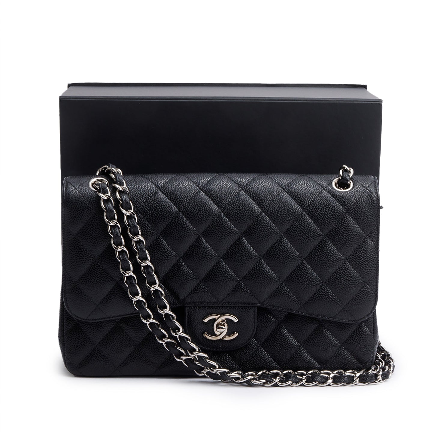 Chanel Black Quilted Caviar Leather Classic Jumbo Double Flap Bag