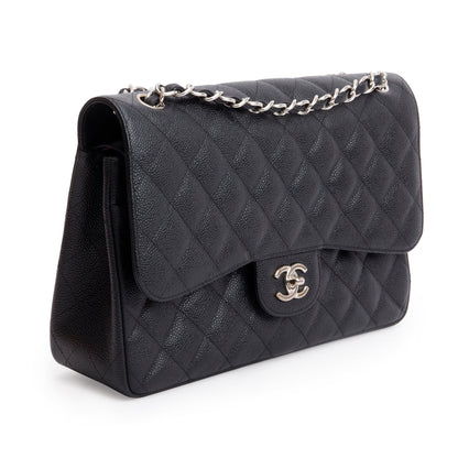 Chanel Black Quilted Caviar Leather Classic Jumbo Double Flap Bag