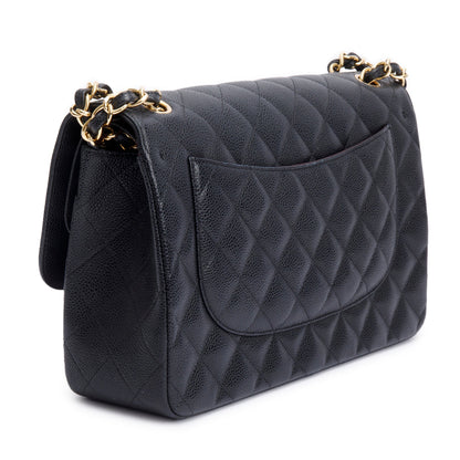 Chanel Black Quilted Caviar Leather Classic Jumbo Double Flap Bag