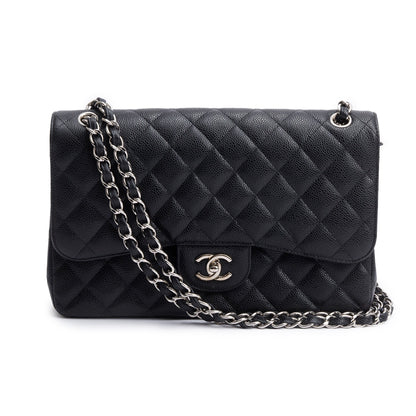 Chanel Black Quilted Caviar Leather Classic Jumbo Double Flap Bag