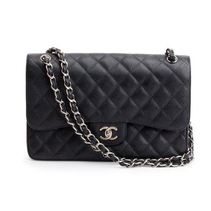 Chanel Black Quilted Caviar Leather Classic Jumbo Double Flap Bag