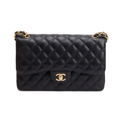 Chanel Black Quilted Caviar Leather Classic Jumbo Double Flap Bag