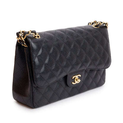 Chanel Black Quilted Caviar Leather Classic Jumbo Double Flap Bag