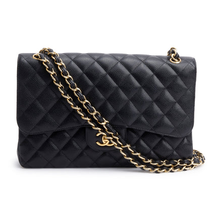 Chanel Black Quilted Caviar Leather Classic Jumbo Double Flap Bag