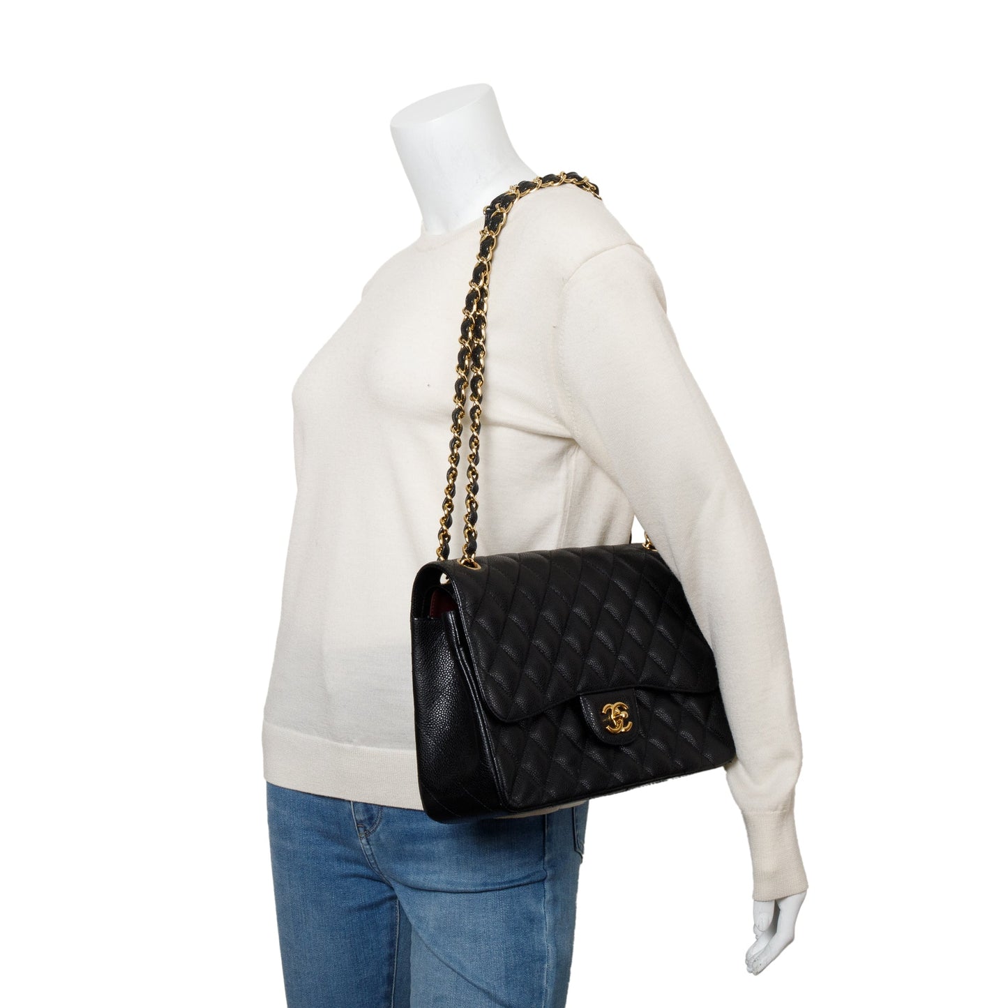Chanel Black Quilted Caviar Leather Classic Jumbo Double Flap Bag