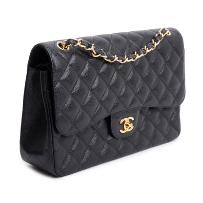 Chanel Black Quilted Caviar Leather Classic Jumbo Double Flap Bag