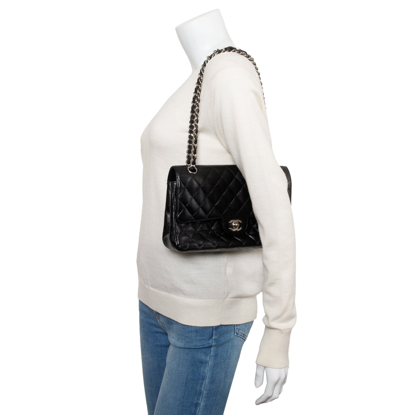 Chanel Black Quilted Caviar Leather Classic Medium Double Flap Bag