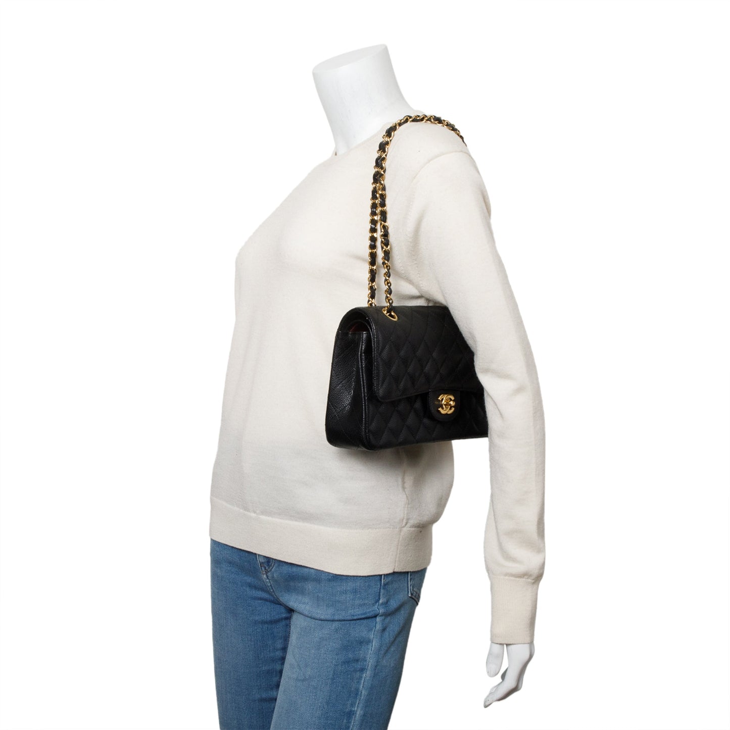 Chanel Black Quilted Caviar Leather Classic Medium Double Flap Bag