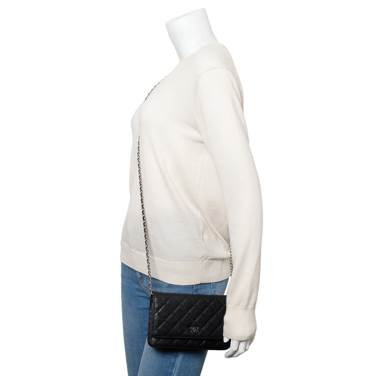 Chanel Black Quilted Caviar Leather Classic Wallet on Chain