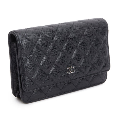 Chanel Black Quilted Caviar Leather Classic Wallet on Chain