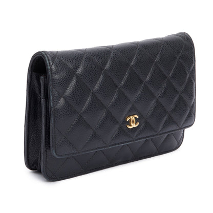 Chanel Black Quilted Caviar Leather Classic Wallet on Chain