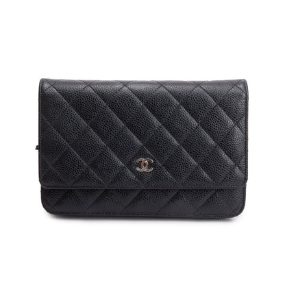 Chanel Black Quilted Caviar Leather Classic Wallet on Chain