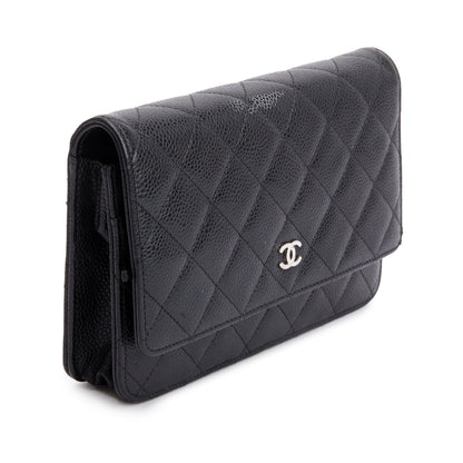 Chanel Black Quilted Caviar Leather Classic Wallet on Chain