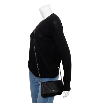 Chanel Black Quilted Caviar Leather Classic Wallet on Chain