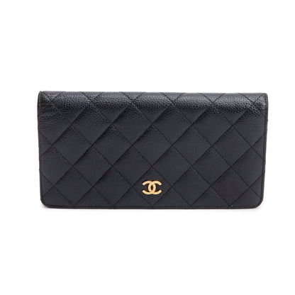 Chanel Black Quilted Caviar Leather Interlocking Classic CC Long Bifold Wallet