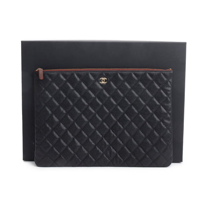 Chanel Black Quilted Caviar Leather Large O-Case Clutch
