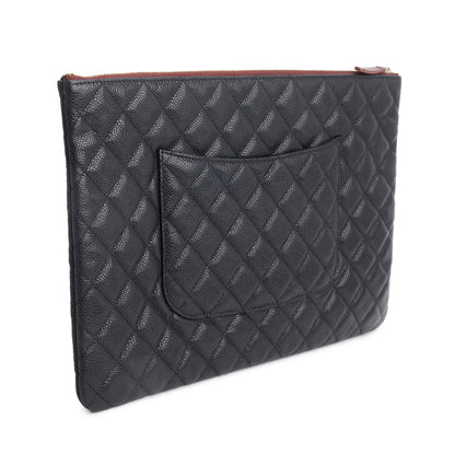 Chanel Black Quilted Caviar Leather Large O-Case Clutch