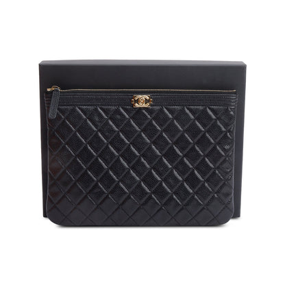 Chanel Black Quilted Caviar Leather Medium Boy O-Case Clutch