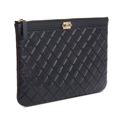 Chanel Black Quilted Caviar Leather Medium Boy O-Case Clutch