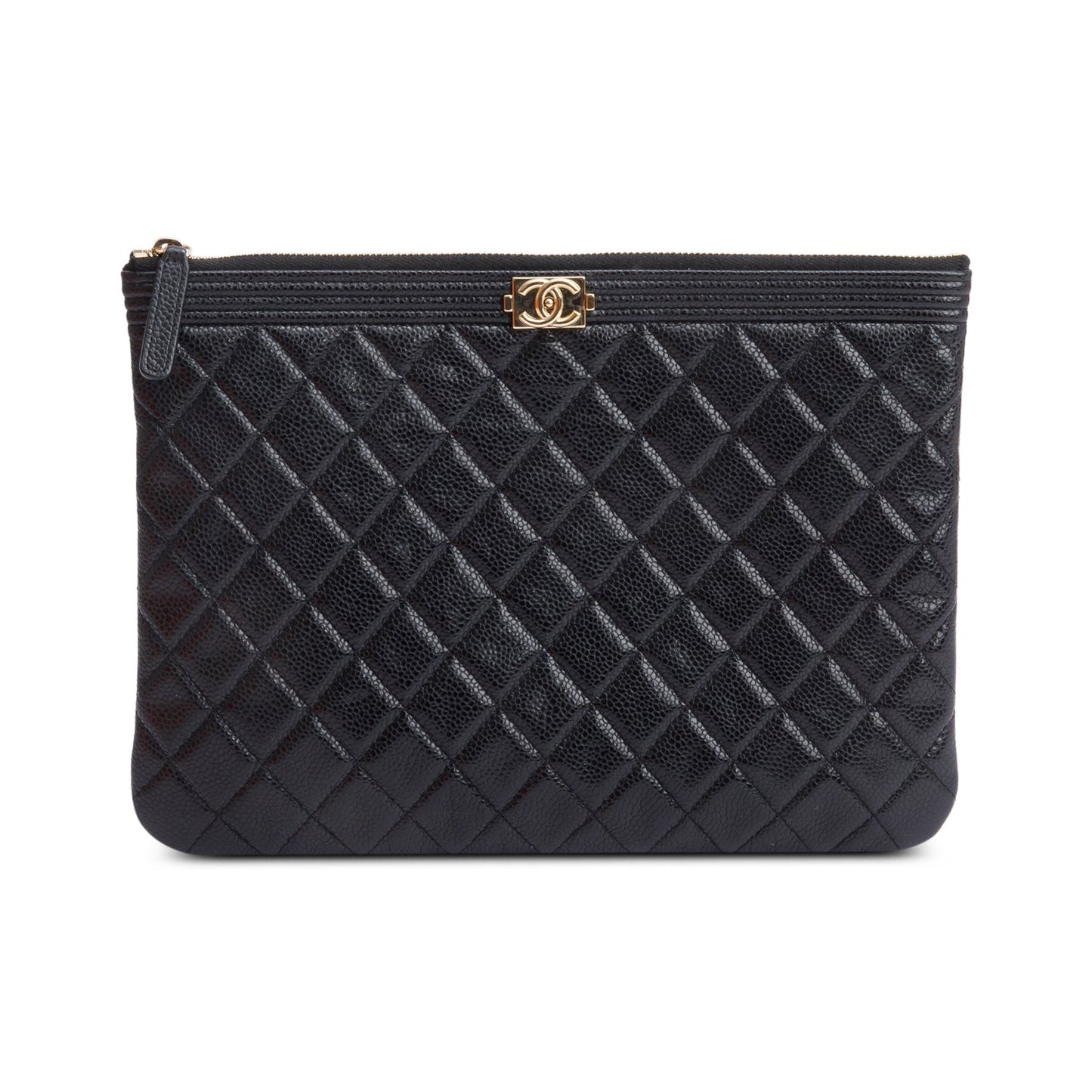 Chanel Black Quilted Caviar Leather Medium Boy O-Case Clutch