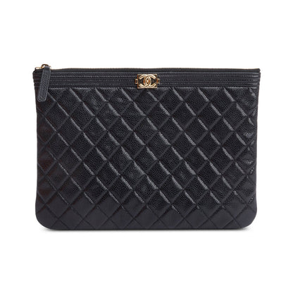 Chanel Black Quilted Caviar Leather Medium Boy O-Case Clutch