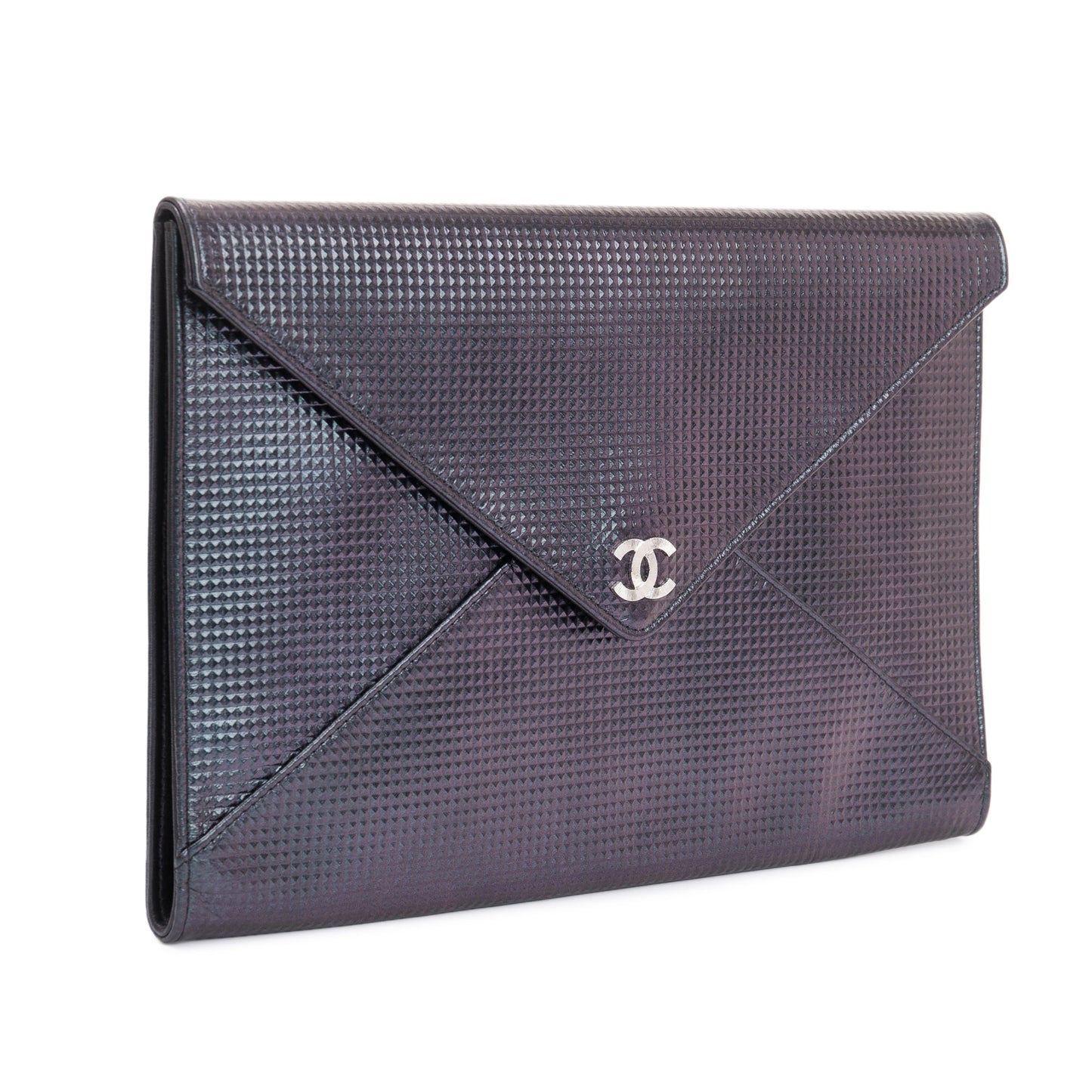 Chanel Black Quilted Holographic Patent Leather Envelope Clutch