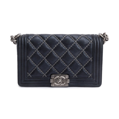 Chanel Black Quilted Iridescent Calfskin Leather Medium Beaded Double Stitch Boy Bag