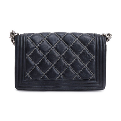 Chanel Black Quilted Iridescent Calfskin Leather Medium Beaded Double Stitch Boy Bag