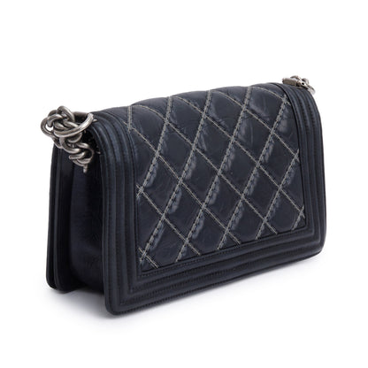 Chanel Black Quilted Iridescent Calfskin Leather Medium Beaded Double Stitch Boy Bag