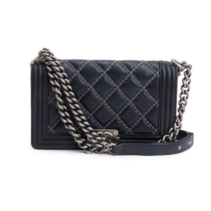 Chanel Black Quilted Iridescent Calfskin Leather Medium Beaded Double Stitch Boy Bag
