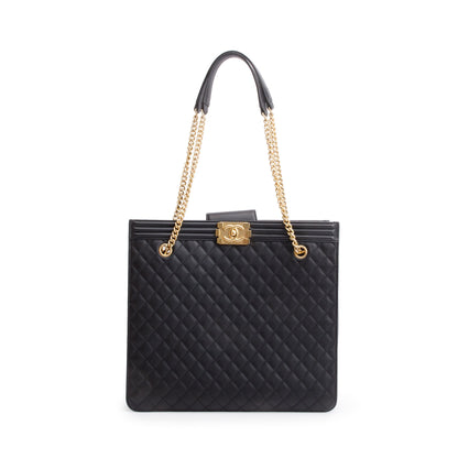 Chanel Black Quilted Lambskin Leather Boy Shopping Tote