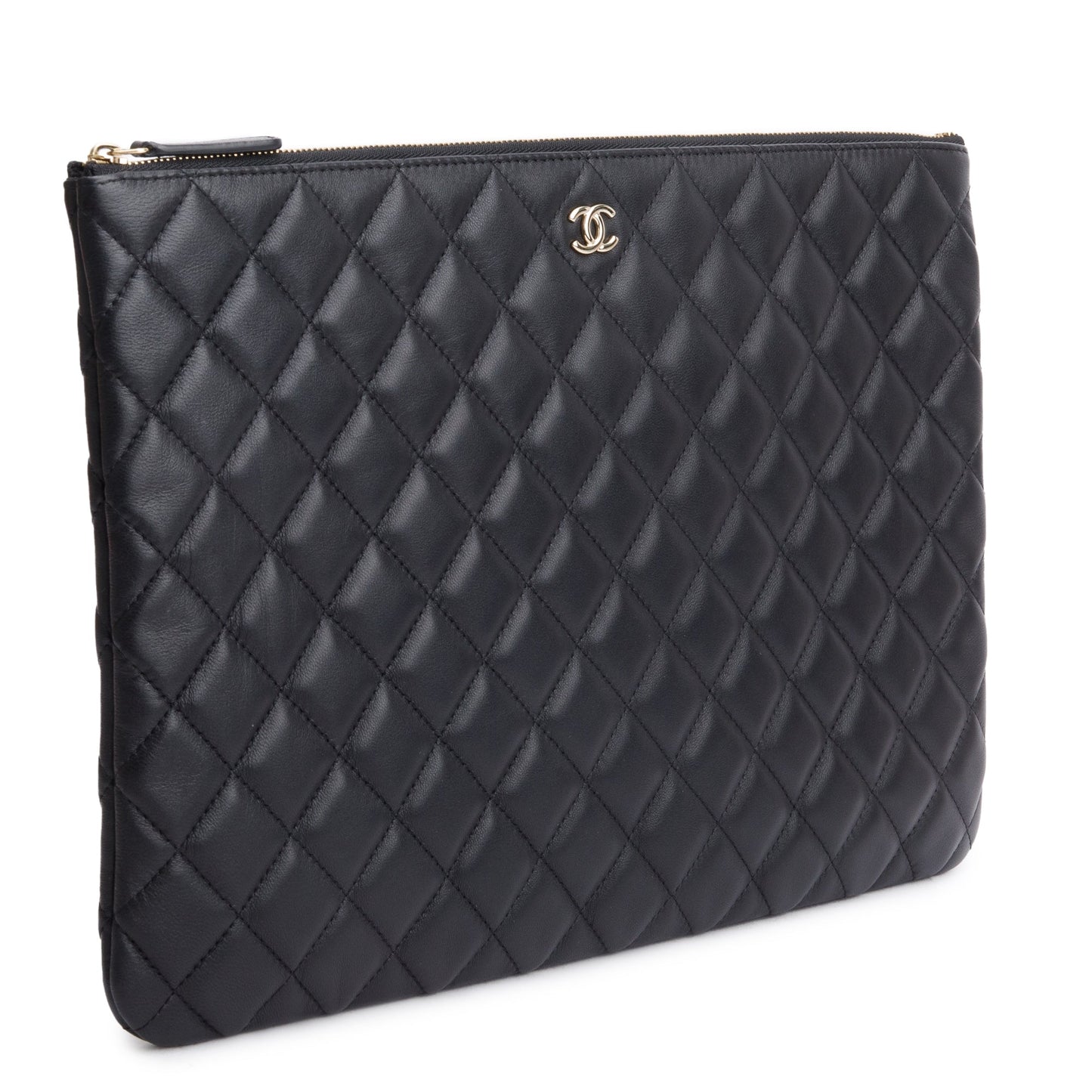 Chanel Black Quilted Lambskin Leather Large O-Case Clutch