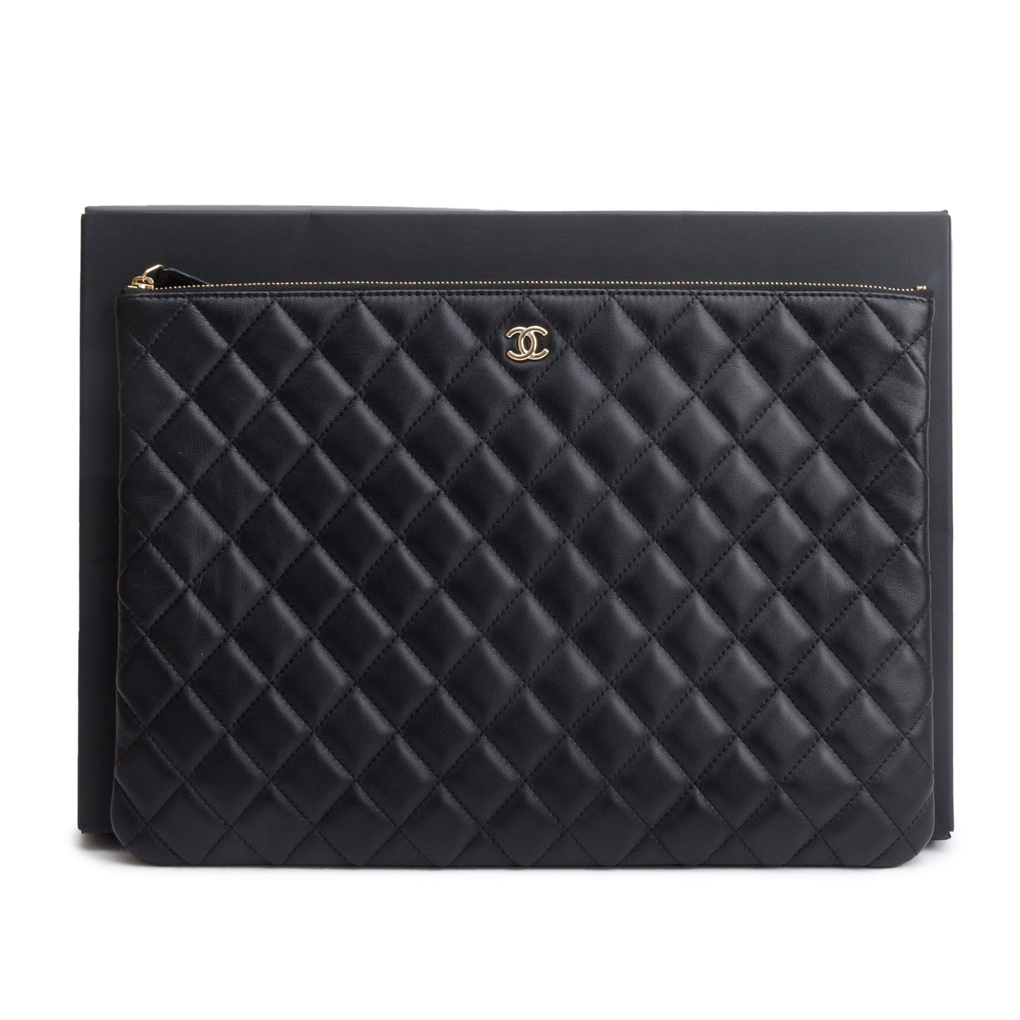 Chanel Black Quilted Lambskin Leather Large O-Case Clutch
