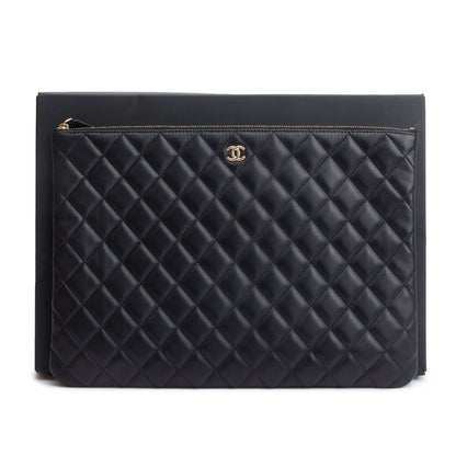Chanel Black Quilted Lambskin Leather Large O-Case Clutch