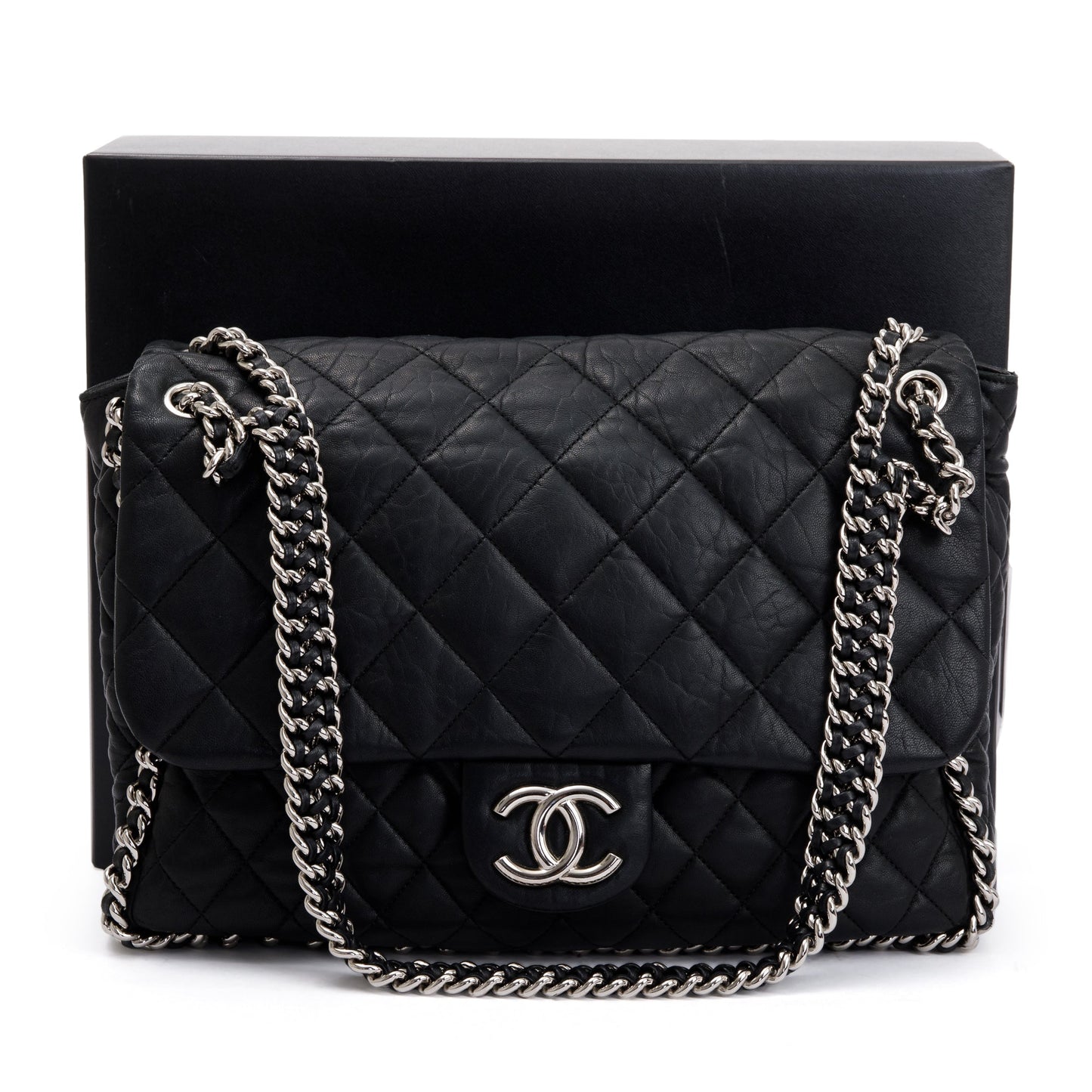 Chanel Black Quilted Lambskin Leather Maxi Chain Around Flap Bag