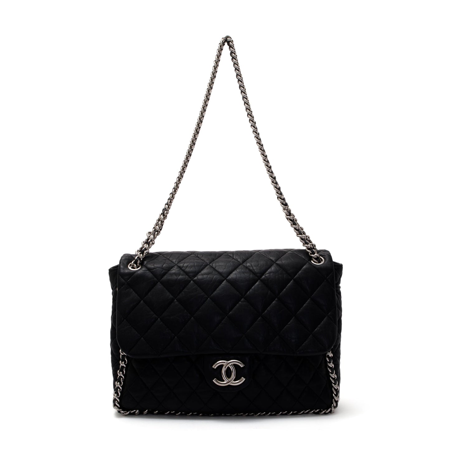 Chanel Black Quilted Lambskin Leather Maxi Chain Around Flap Bag