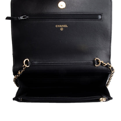 Chanel Black Quilted Lambskin Leather Pearl Wallet on Chain