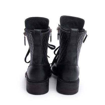 Chanel Black Quilted Leather Interlocking CC Logo Combat Boots, Size 37