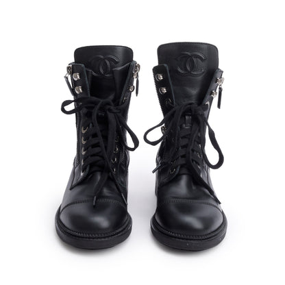 Chanel Black Quilted Leather Interlocking CC Logo Combat Boots, Size 37