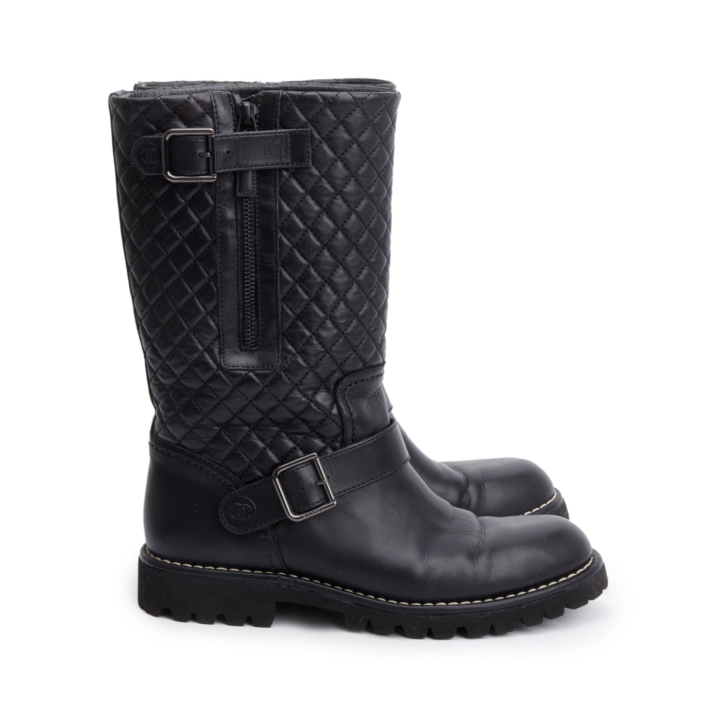 Chanel Black Quilted Leather Interlocking CC Logo Mid Calf Motorcycle Boots, Size 38