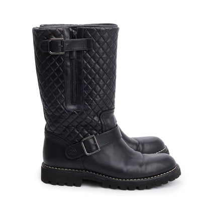 Chanel Black Quilted Leather Interlocking CC Logo Mid Calf Motorcycle Boots, Size 38