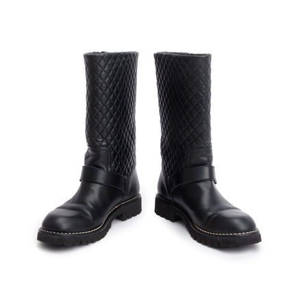Chanel Black Quilted Leather Interlocking CC Logo Mid Calf Motorcycle Boots, Size 38