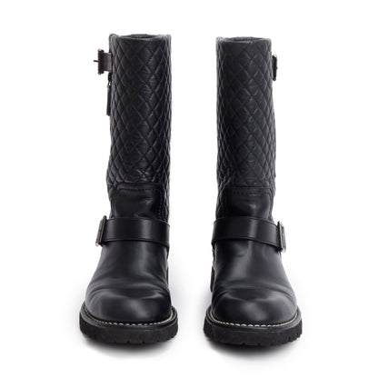 Chanel Black Quilted Leather Interlocking CC Logo Mid Calf Motorcycle Boots, Size 38