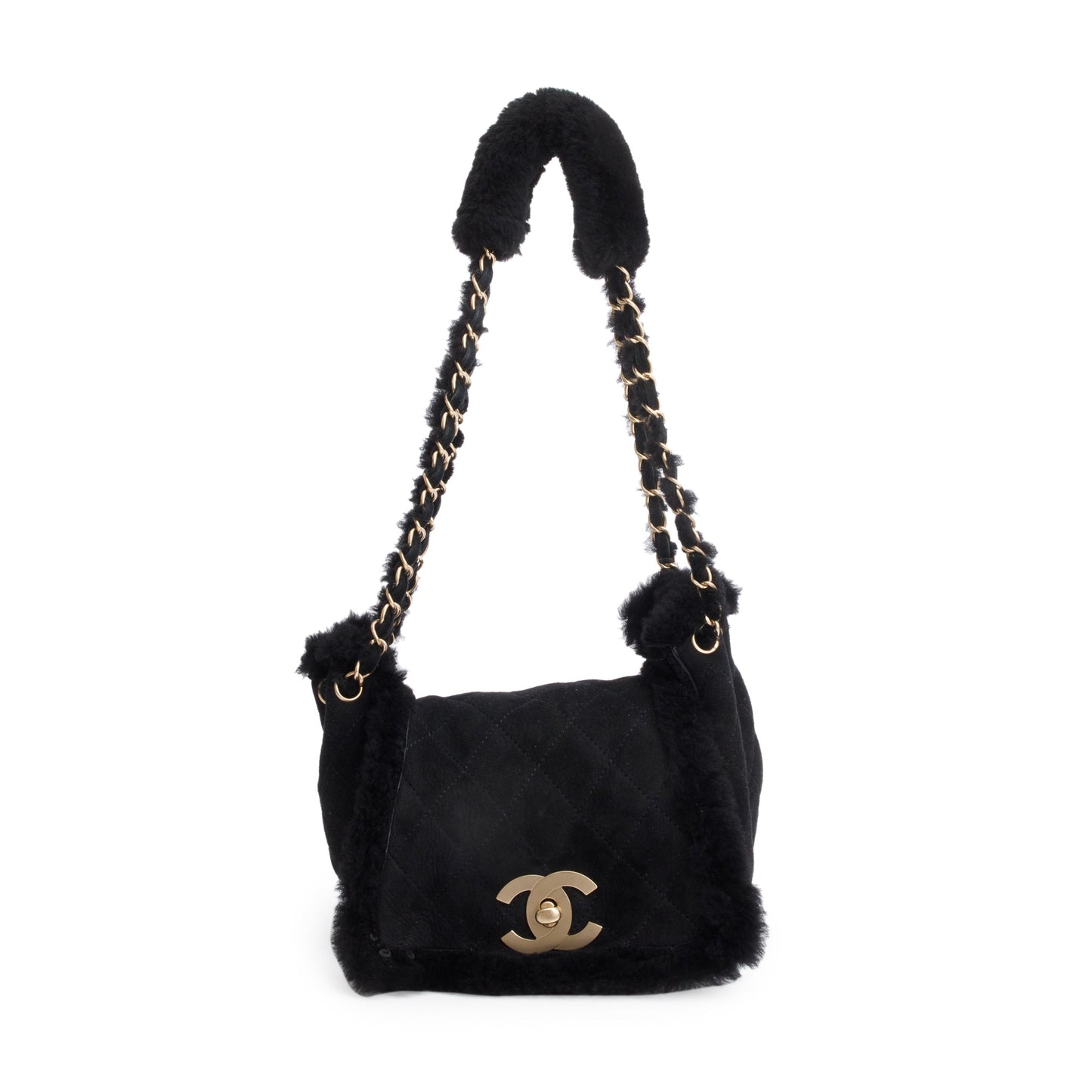 Chanel Black Quilted Nubuck Shearling CC Flap Bag