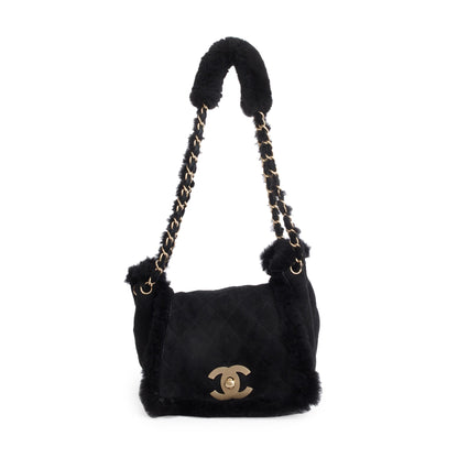Chanel Black Quilted Nubuck Shearling CC Flap Bag