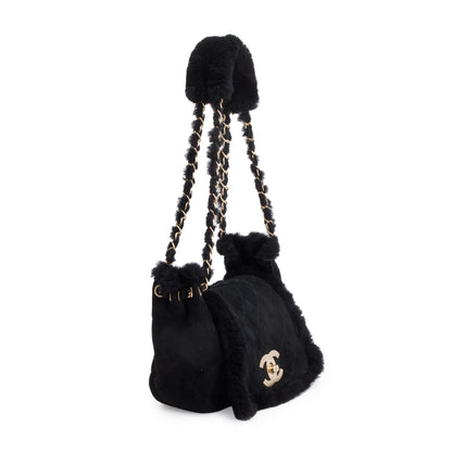 Chanel Black Quilted Nubuck Shearling CC Flap Bag