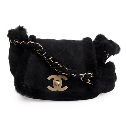 Chanel Black Quilted Nubuck Shearling CC Flap Bag