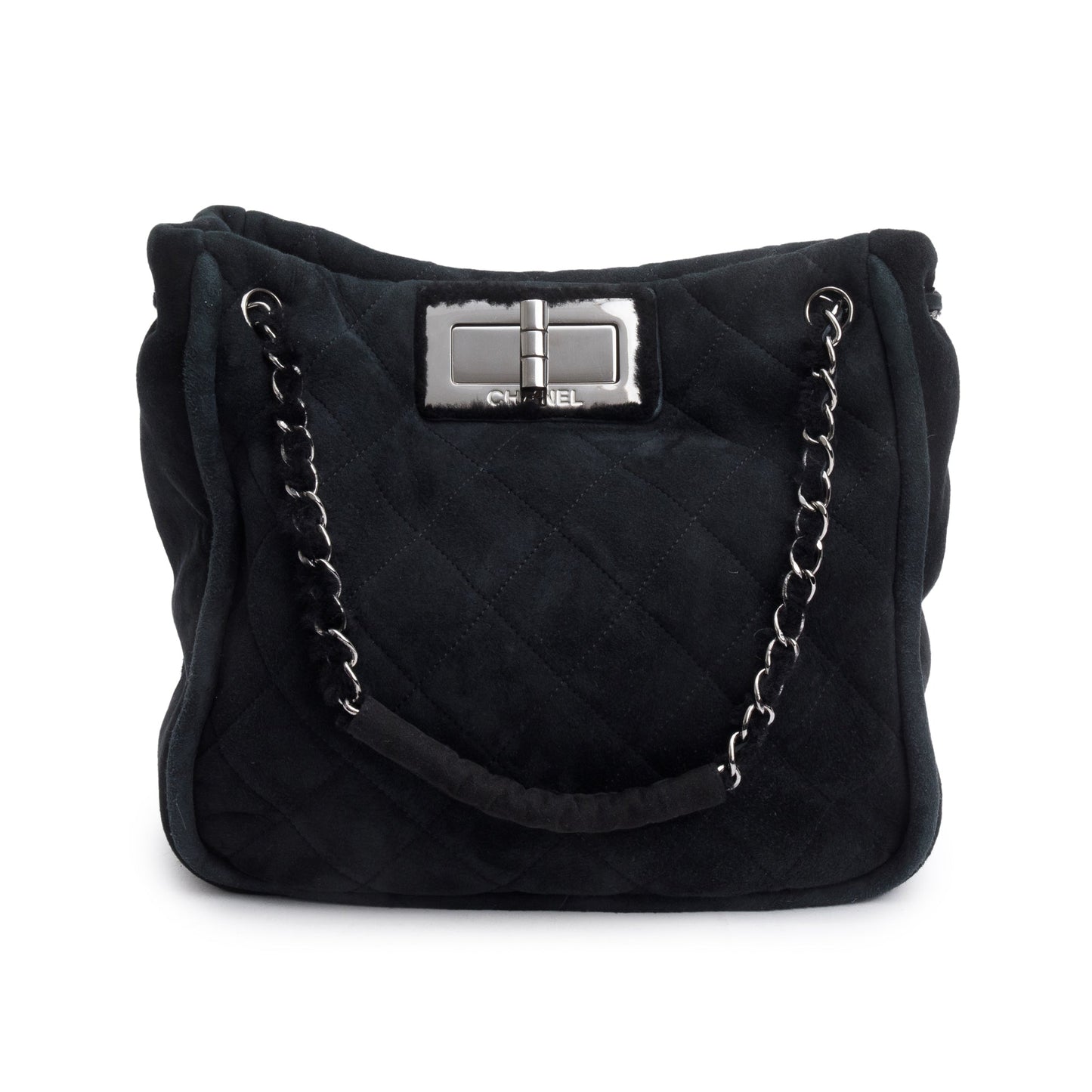 Chanel Black Quilted Nubuck Shearling Medium Reissue Tote