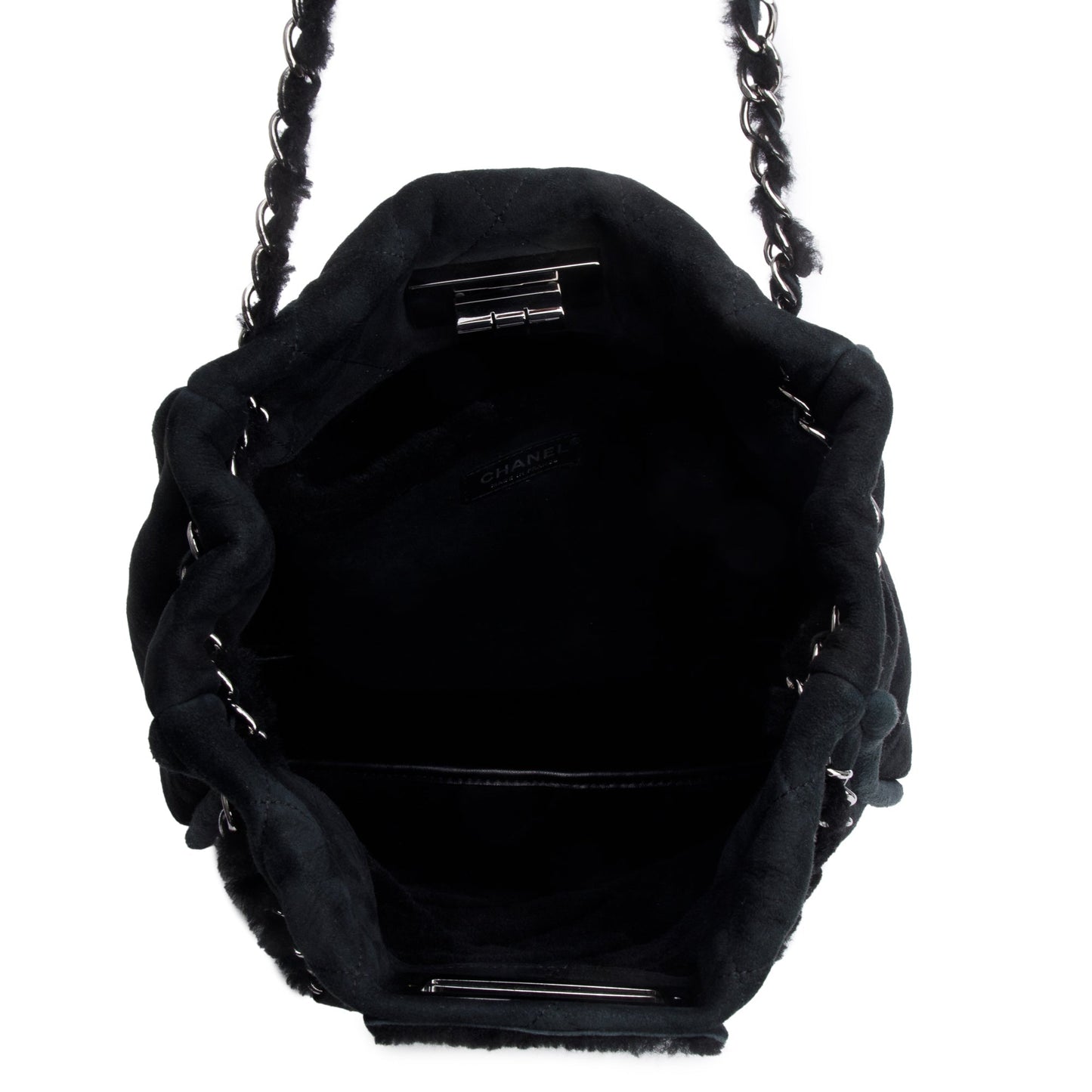Chanel Black Quilted Nubuck Shearling Medium Reissue Tote